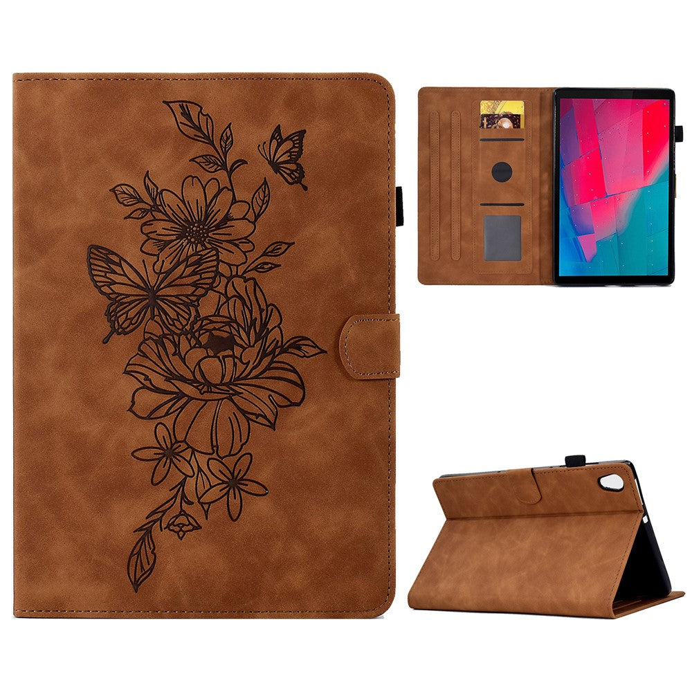 For Lenovo Tab M10 HD Gen 2 (X306X) Drop-proof PU Leather Tablet Case Stand with Card Slots Butterfly Flower Pattern Imprinted Auto Sleep / Wake Cover - Brown