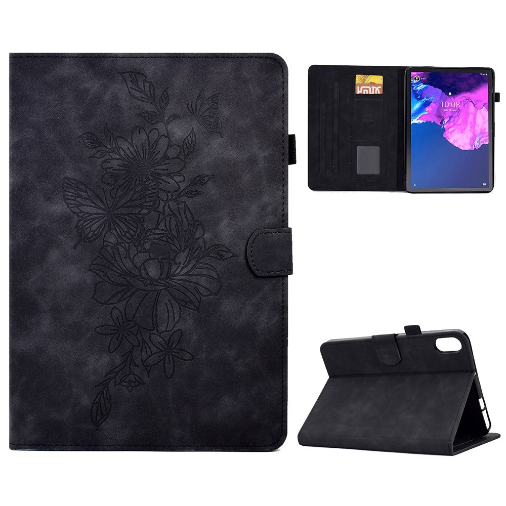For Lenovo Tab P11 / J606F Butterfly Flower Pattern Imprinted PU Leather Stitching Line Smart Tablet Cover with Card Holder Stand Shockproof Case - Black