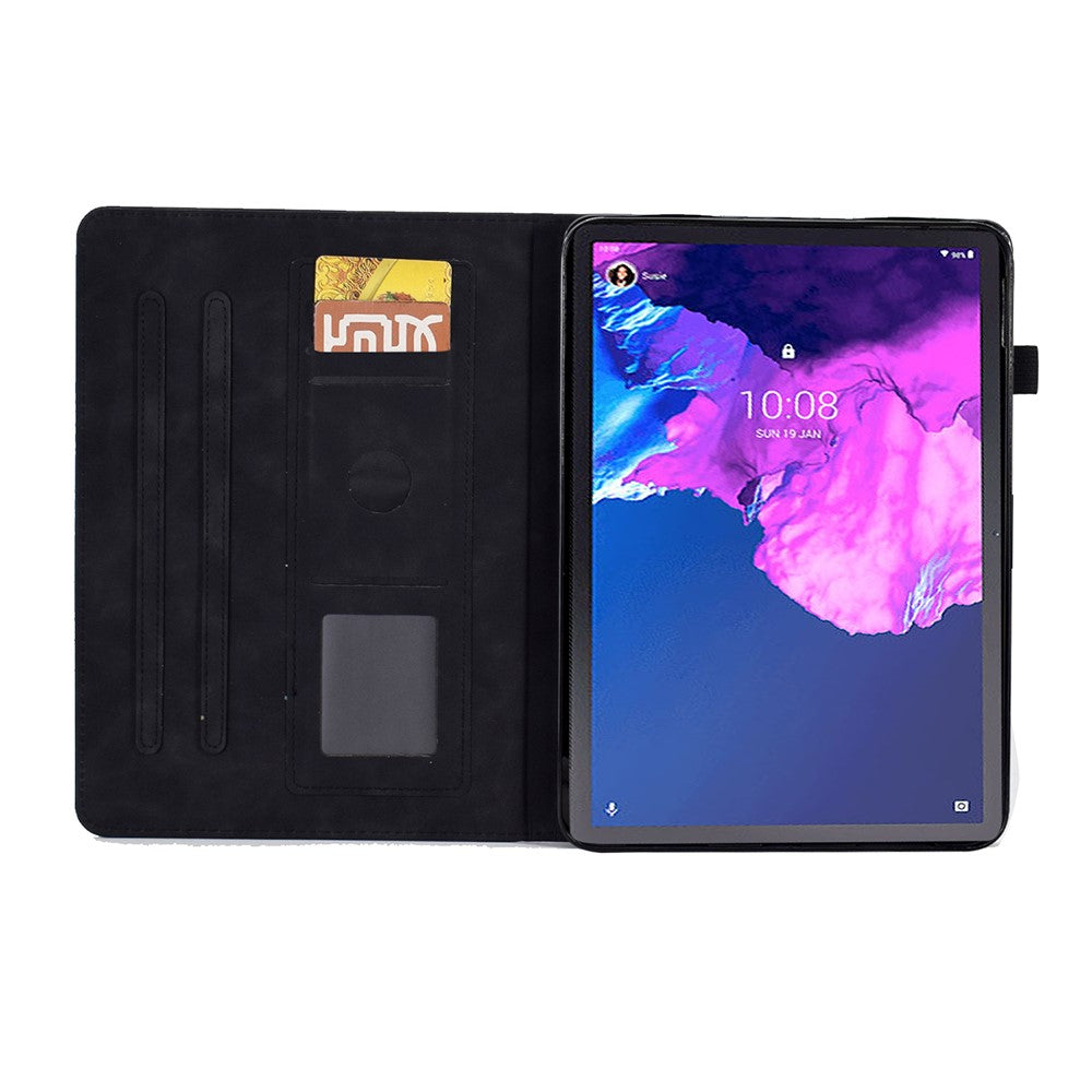For Lenovo Tab P11 / J606F Butterfly Flower Pattern Imprinted PU Leather Stitching Line Smart Tablet Cover with Card Holder Stand Shockproof Case - Black