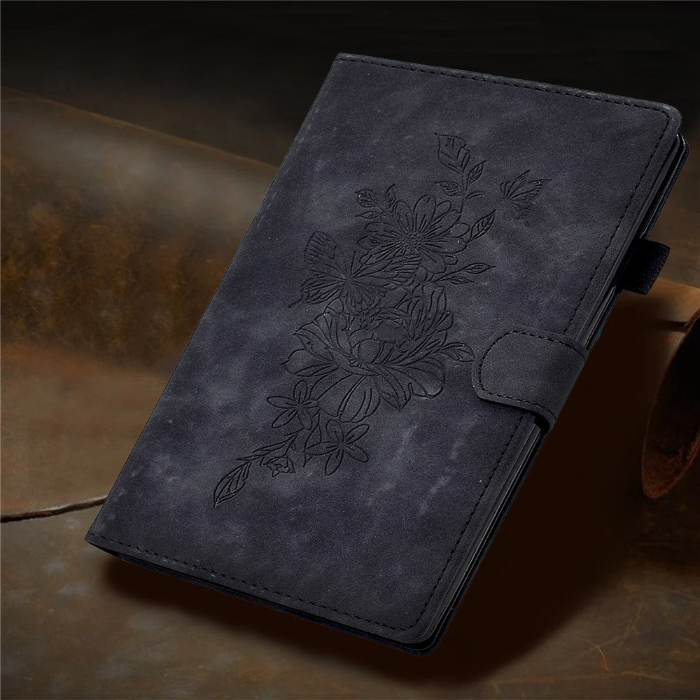 For Lenovo Tab P11 / J606F Butterfly Flower Pattern Imprinted PU Leather Stitching Line Smart Tablet Cover with Card Holder Stand Shockproof Case - Black