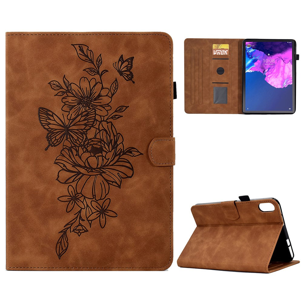 For Lenovo Tab P11 / J606F Butterfly Flower Pattern Imprinted PU Leather Stitching Line Smart Tablet Cover with Card Holder Stand Shockproof Case - Brown