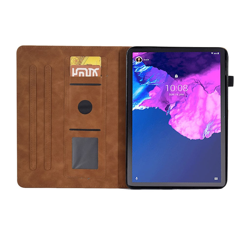 For Lenovo Tab P11 / J606F Butterfly Flower Pattern Imprinted PU Leather Stitching Line Smart Tablet Cover with Card Holder Stand Shockproof Case - Brown