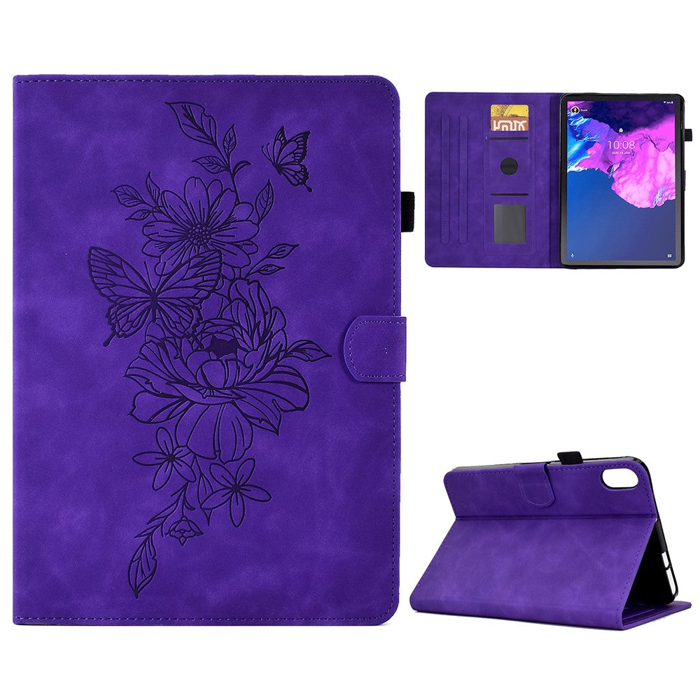 For Lenovo Tab P11 / J606F Butterfly Flower Pattern Imprinted PU Leather Stitching Line Smart Tablet Cover with Card Holder Stand Shockproof Case - Purple