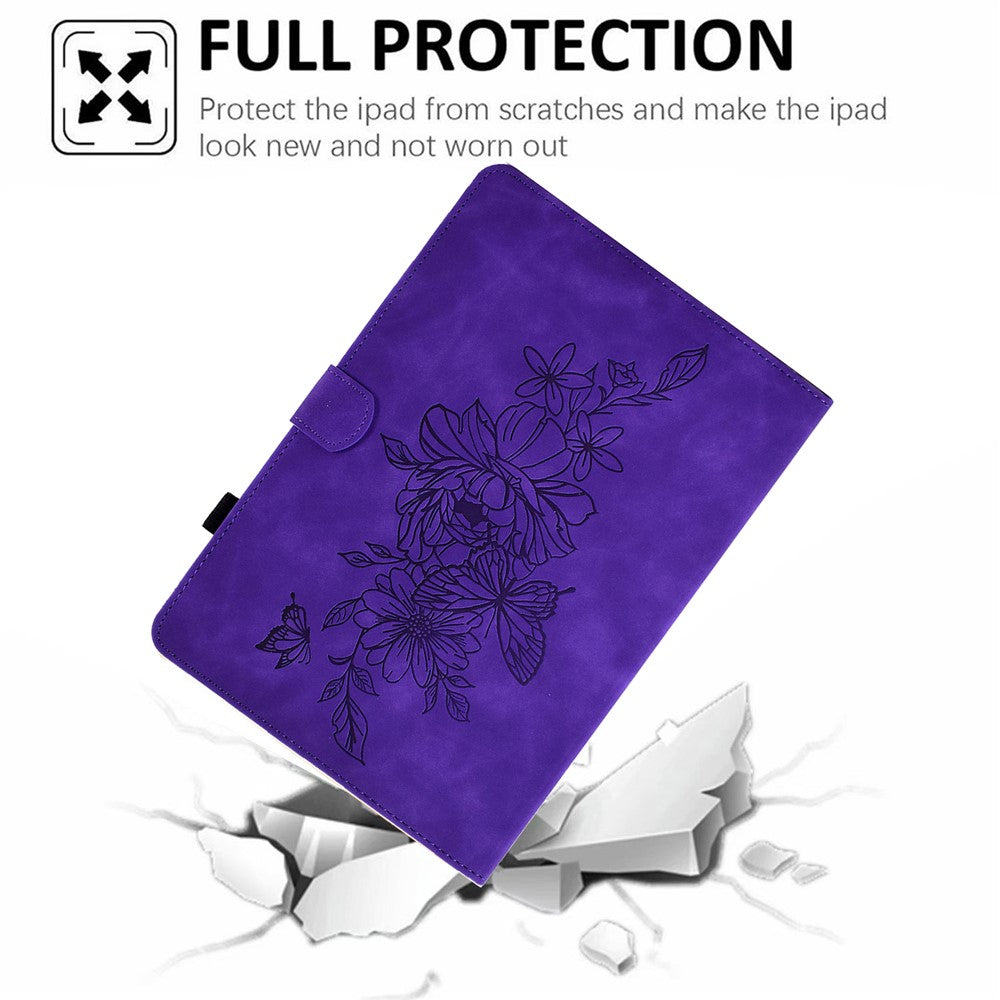 For Lenovo Tab P11 / J606F Butterfly Flower Pattern Imprinted PU Leather Stitching Line Smart Tablet Cover with Card Holder Stand Shockproof Case - Purple