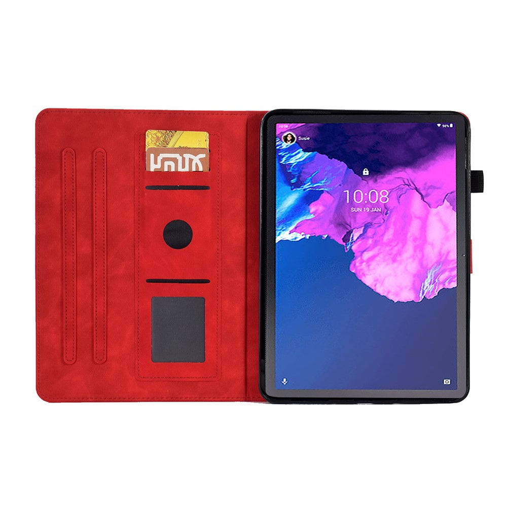 For Lenovo Tab P11 / J606F Butterfly Flower Pattern Imprinted PU Leather Stitching Line Smart Tablet Cover with Card Holder Stand Shockproof Case - Red