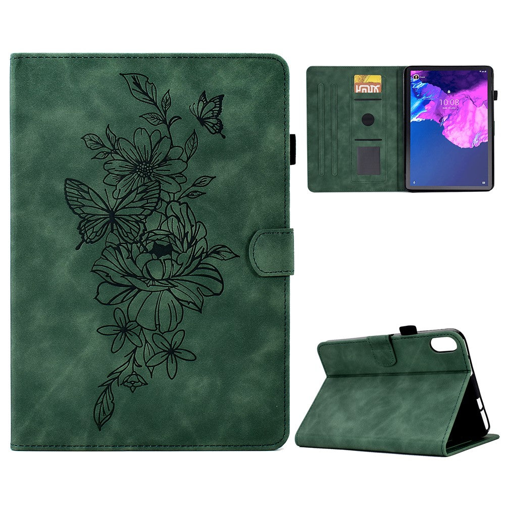 For Lenovo Tab P11 / J606F Butterfly Flower Pattern Imprinted PU Leather Stitching Line Smart Tablet Cover with Card Holder Stand Shockproof Case - Green