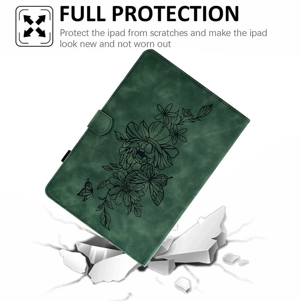 For Lenovo Tab P11 / J606F Butterfly Flower Pattern Imprinted PU Leather Stitching Line Smart Tablet Cover with Card Holder Stand Shockproof Case - Green