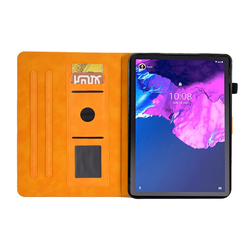 For Lenovo Tab P11 / J606F Butterfly Flower Pattern Imprinted PU Leather Stitching Line Smart Tablet Cover with Card Holder Stand Shockproof Case - Khaki