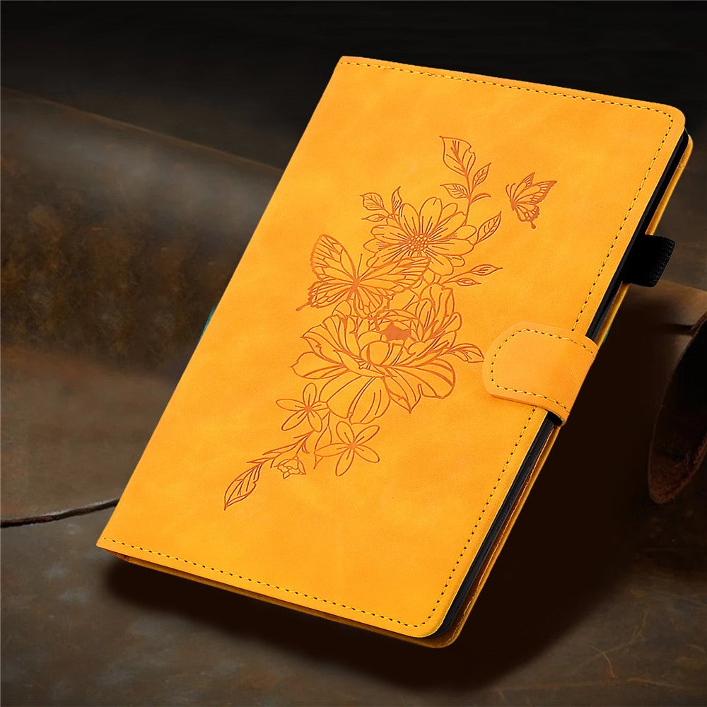 For Lenovo Tab P11 / J606F Butterfly Flower Pattern Imprinted PU Leather Stitching Line Smart Tablet Cover with Card Holder Stand Shockproof Case - Khaki