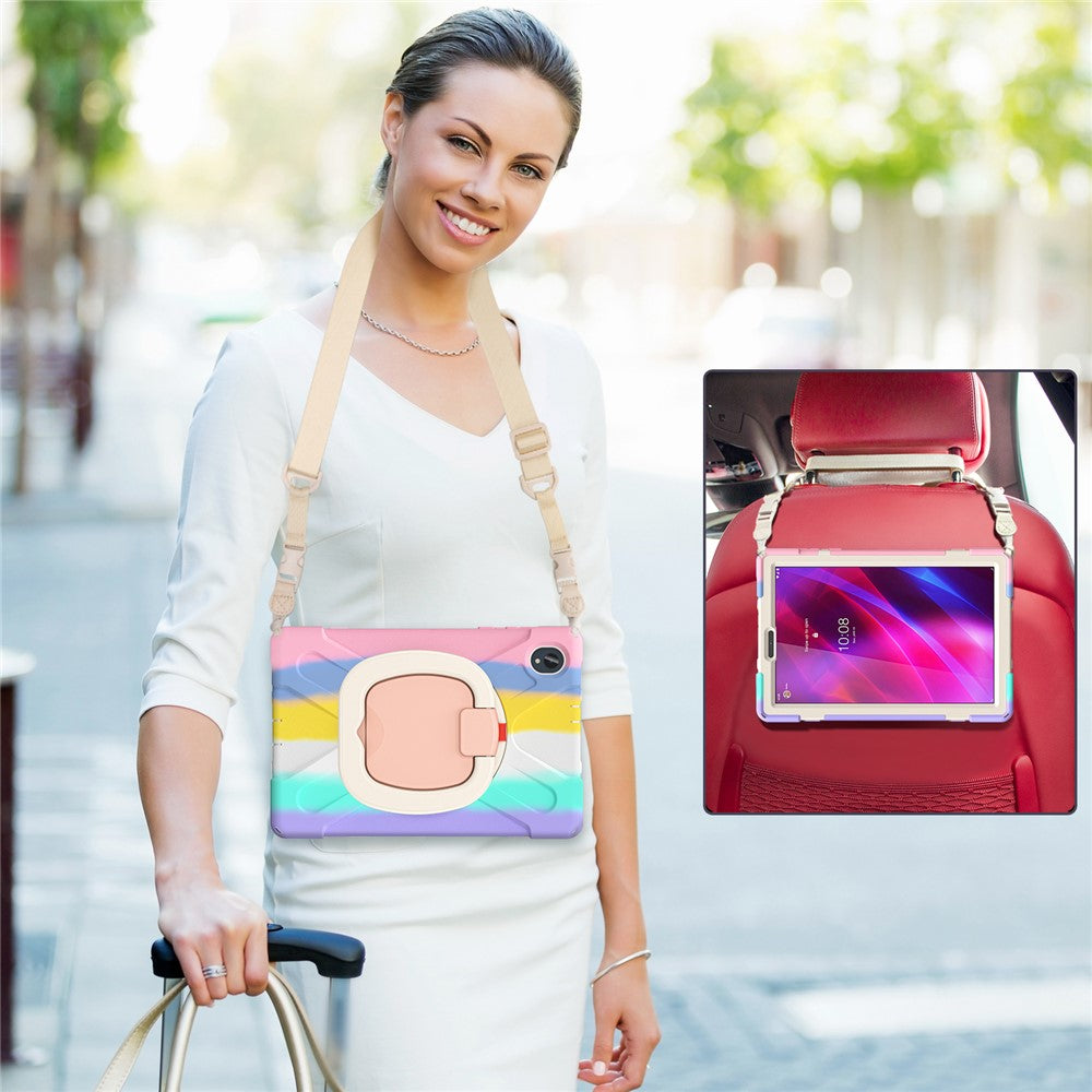 For Lenovo Tab M10 Plus 10.3 inch X606F / 606X / K10 PC+Silicone Tablet Case Rotary Kickstand Anti-drop Protective Cover with Shoulder Strap - Colorful Pink