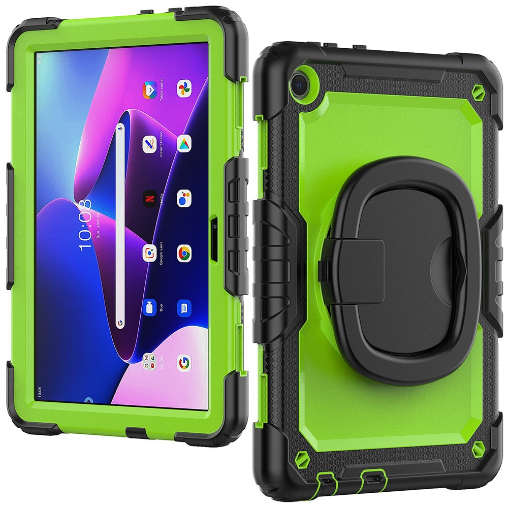 For Lenovo Tab M10 (Gen 3) TB-328FU / TB-328XU PC + Silicone Tablet Cover 360-Degree Rotating Kickstand Anti-drop Case with Shoulder Strap - Black / Lime PC