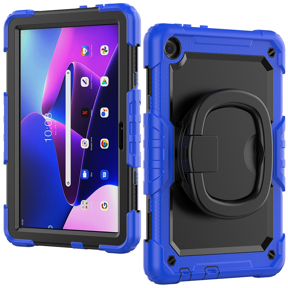 For Lenovo Tab M10 (Gen 3) TB-328FU / TB-328XU PC + Silicone Tablet Cover 360-Degree Rotating Kickstand Anti-drop Case with Shoulder Strap - Dark Blue