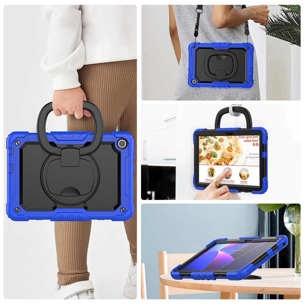 For Lenovo Tab M10 (Gen 3) TB-328FU / TB-328XU PC + Silicone Tablet Cover 360-Degree Rotating Kickstand Anti-drop Case with Shoulder Strap - Dark Blue
