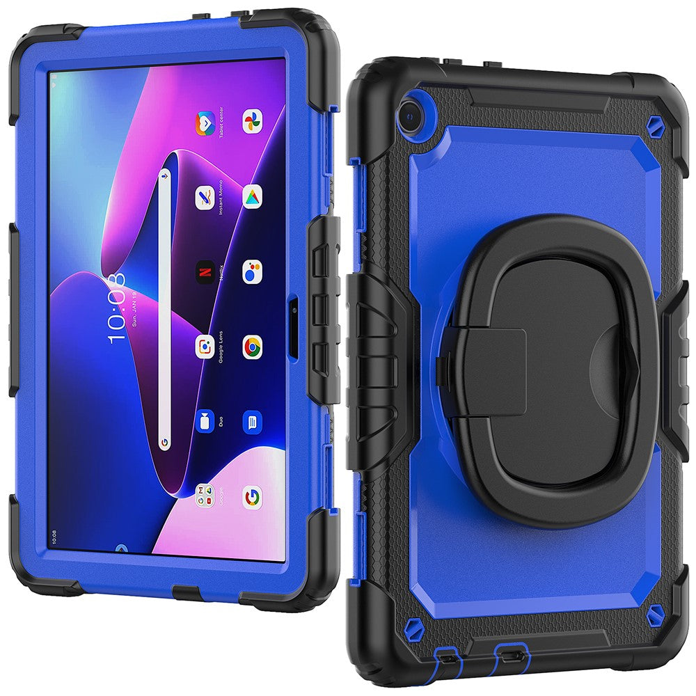 For Lenovo Tab M10 (Gen 3) TB-328FU / TB-328XU PC + Silicone Tablet Cover 360-Degree Rotating Kickstand Anti-drop Case with Shoulder Strap - Black / Dark Blue PC