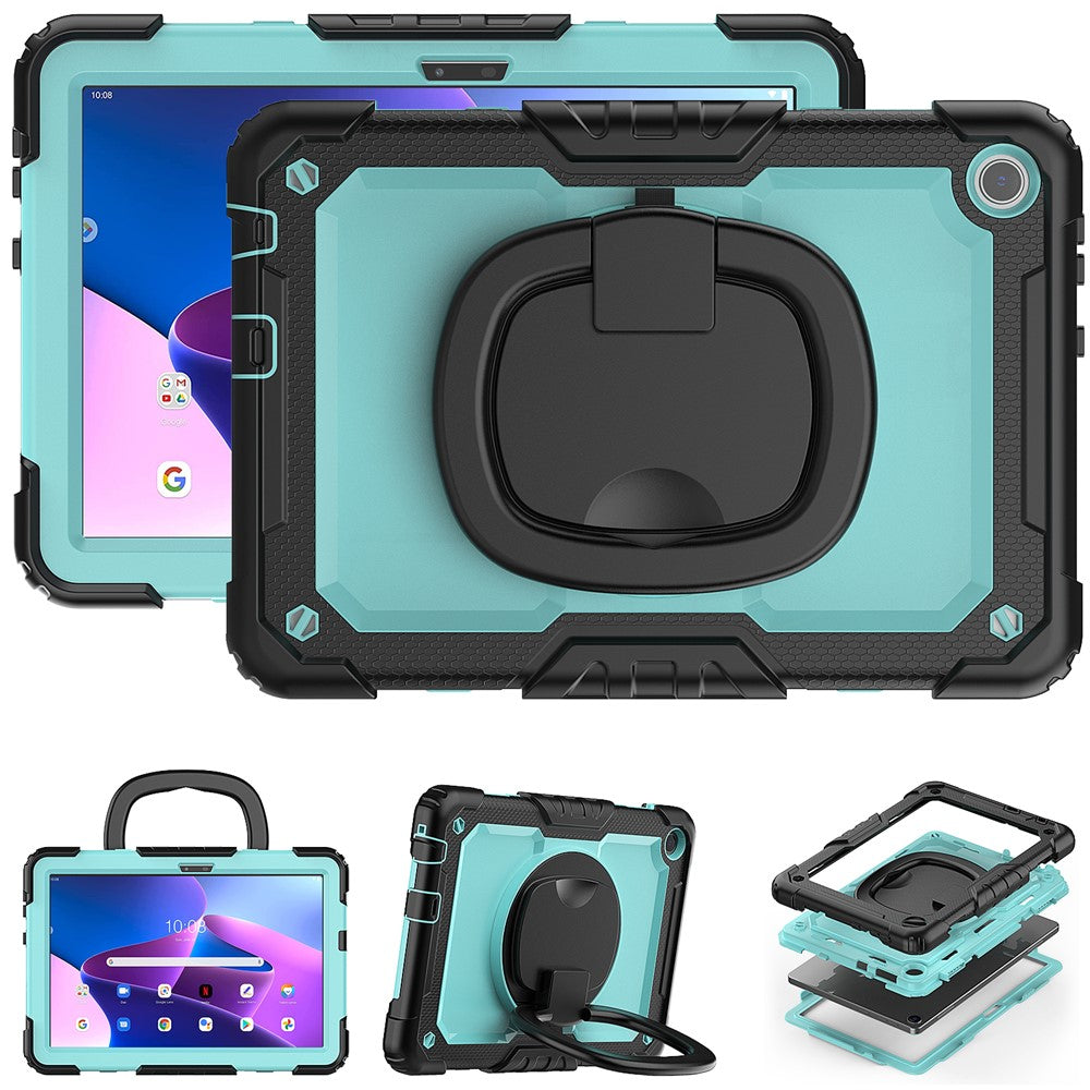 For Lenovo Tab M10 (Gen 3) TB-328FU / TB-328XU PC + Silicone Tablet Cover 360-Degree Rotating Kickstand Anti-drop Case with Shoulder Strap - Black / Baby Blue PC