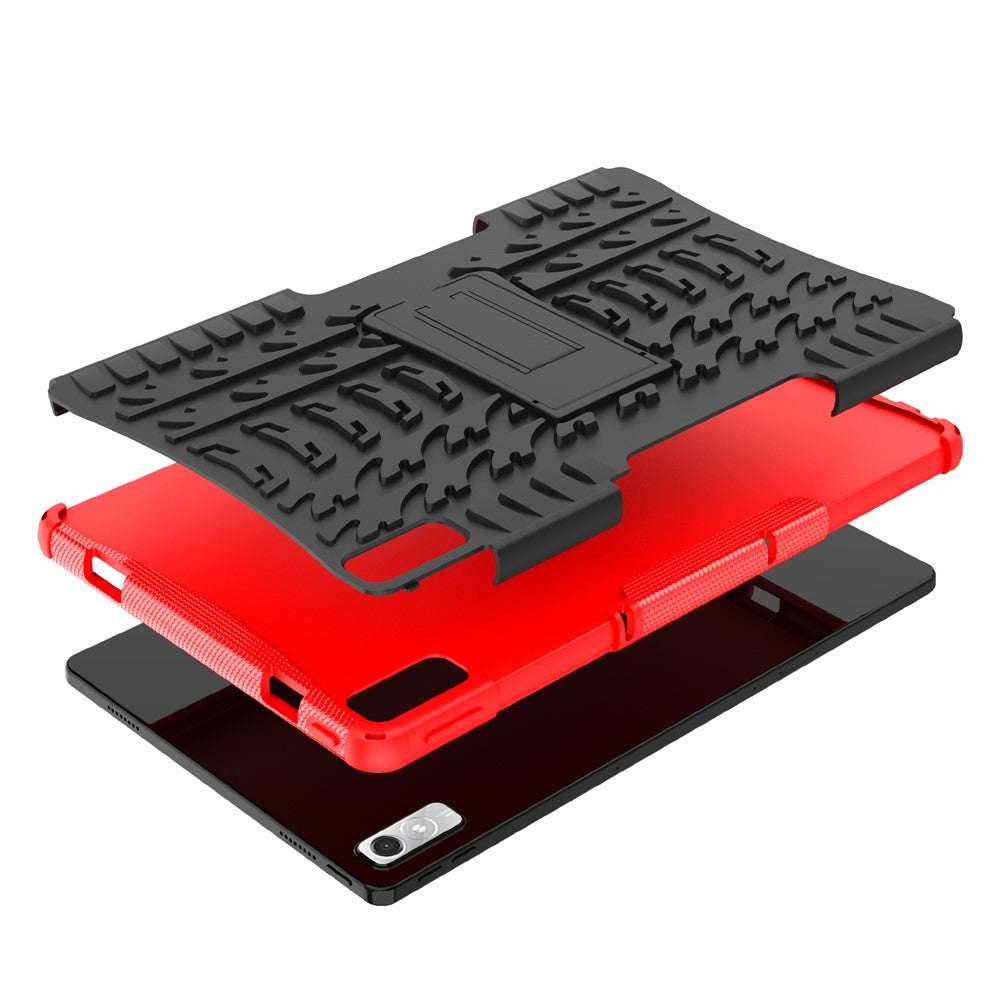 For Lenovo Tab P11 Gen 2 Anti-drop Tablet Case Tire Texture Kickstand Soft TPU Hard PC Protective Tablet Cover - Red