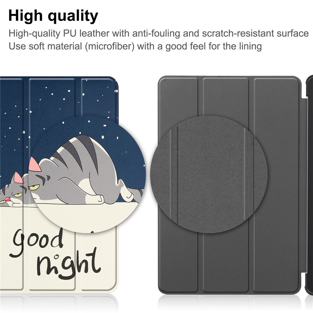 Tri-fold Stand Tablet Case for Lenovo Tab M9 Pattern Printing PU Leather + PC Protective Cover - Cat