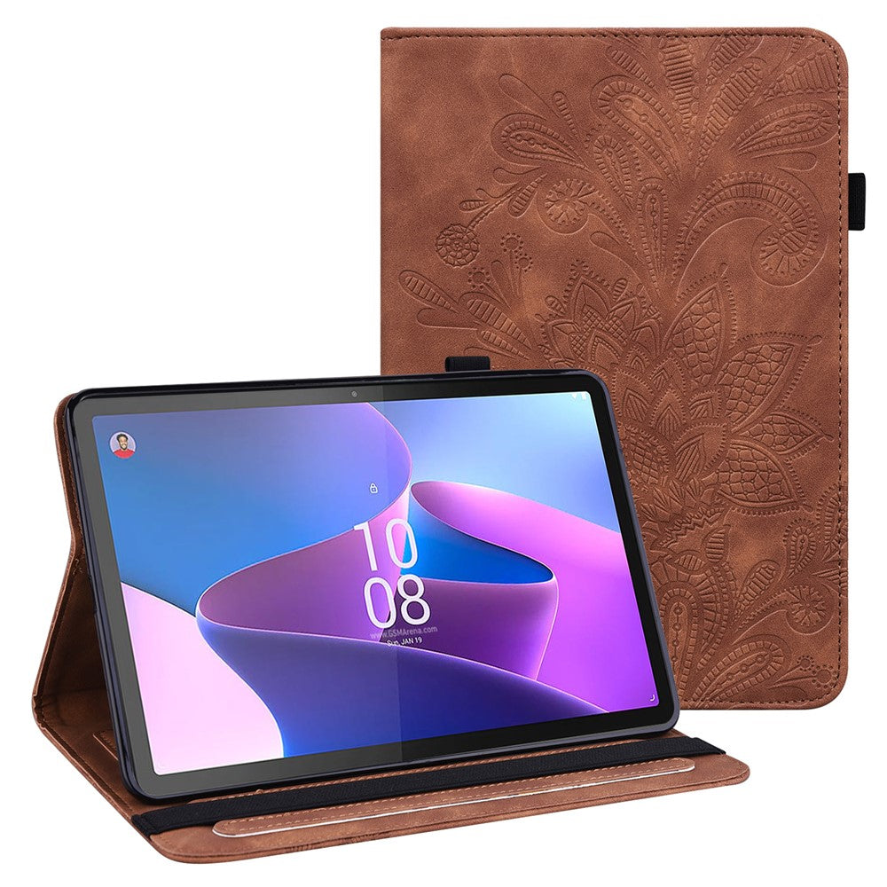 For Lenovo Tab P11 Gen 2 Flower Imprinting Drop-proof Tablet Cover PU Leather Wallet Case with Stand - Brown