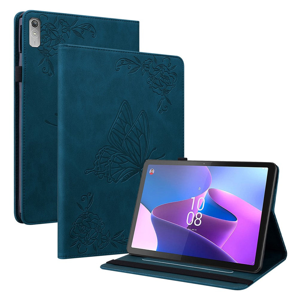 For Lenovo Tab P11 Gen 2 Shockproof Case Butterfly Flower Imprinted Leather Cover with Card Slot - Dark Blue