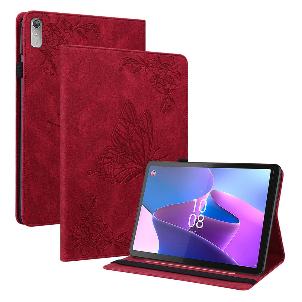 For Lenovo Tab P11 Gen 2 Shockproof Case Butterfly Flower Imprinted Leather Cover with Card Slot - Red