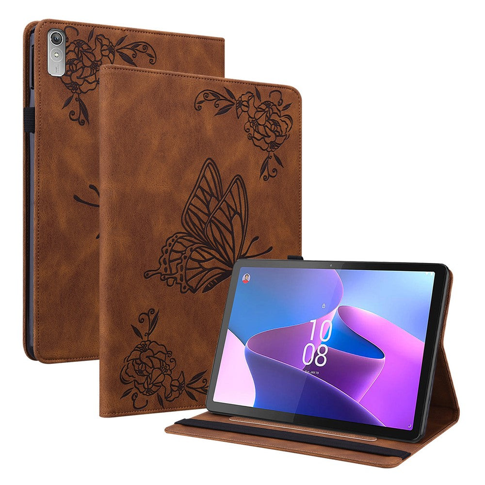 For Lenovo Tab P11 Gen 2 Shockproof Case Butterfly Flower Imprinted Leather Cover with Card Slot - Brown