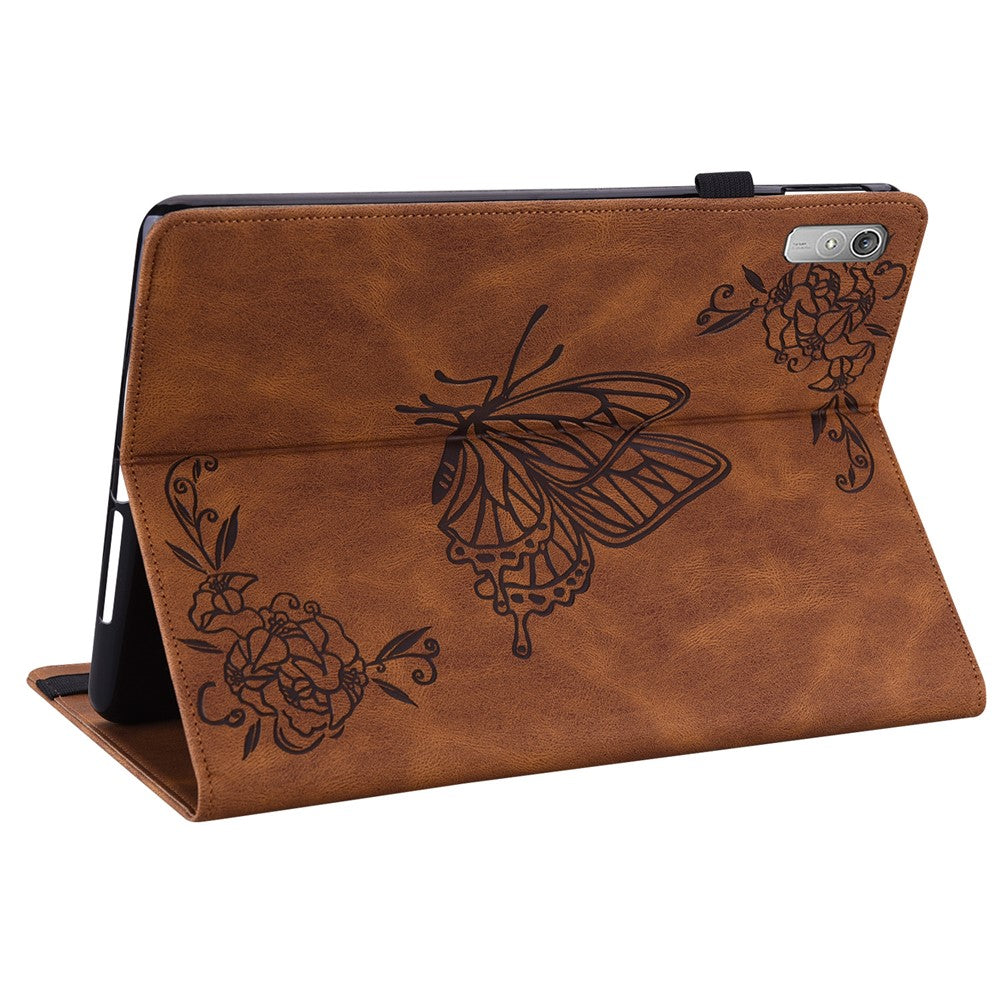 For Lenovo Tab P11 Gen 2 Shockproof Case Butterfly Flower Imprinted Leather Cover with Card Slot - Brown