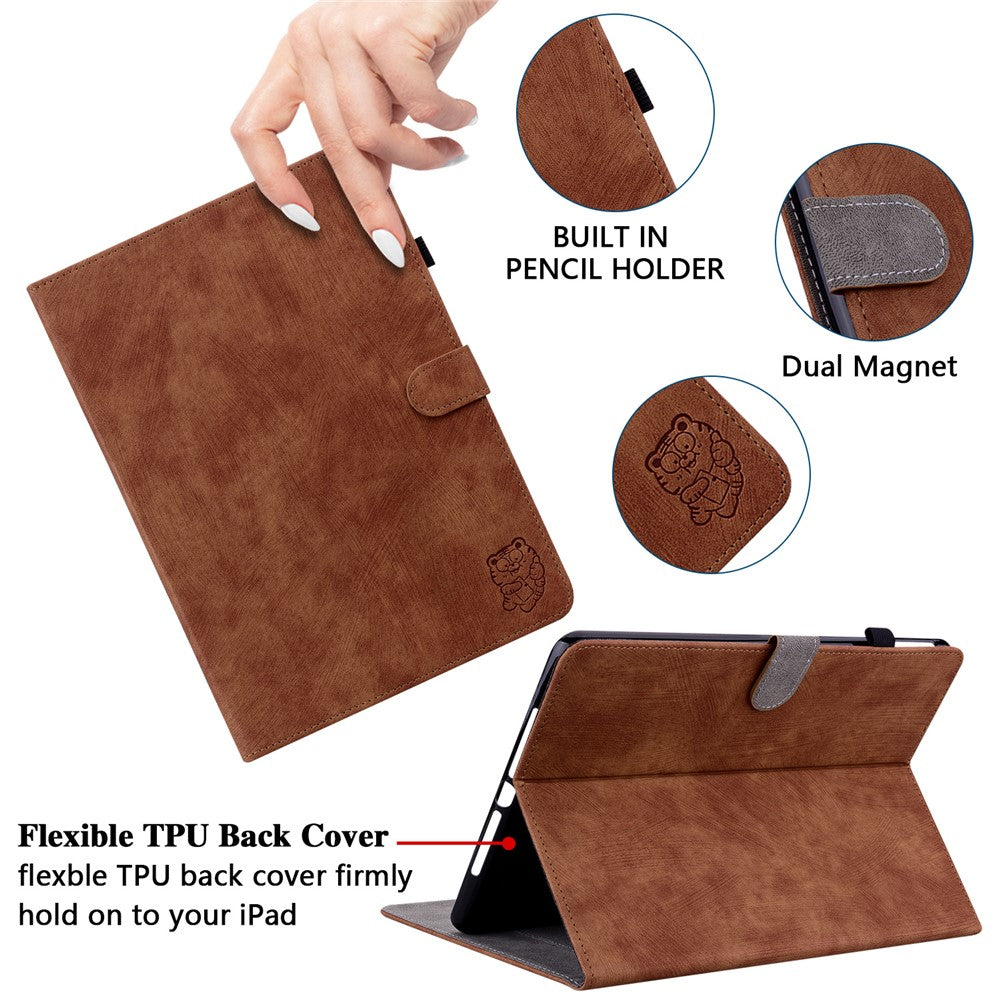 Shockproof Case for Lenovo Tab P11 Pro Gen 2 PU Leather Stand Case Cute Tiger Pattern Flip Cover with Card Holder - Brown