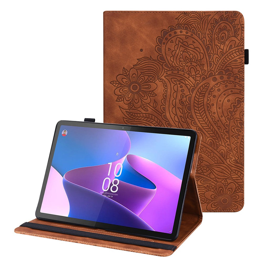 For Lenovo Tab P11 Gen 2 Flower Imprinting Tablet Shell PU Leather Card Holder Drop-proof Stand Case - Brown