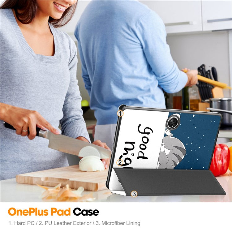 Pattern Printing Tablet Case for OnePlus Pad PU Leather Tri-fold Stand Anti-drop Tablet Cover - Cat