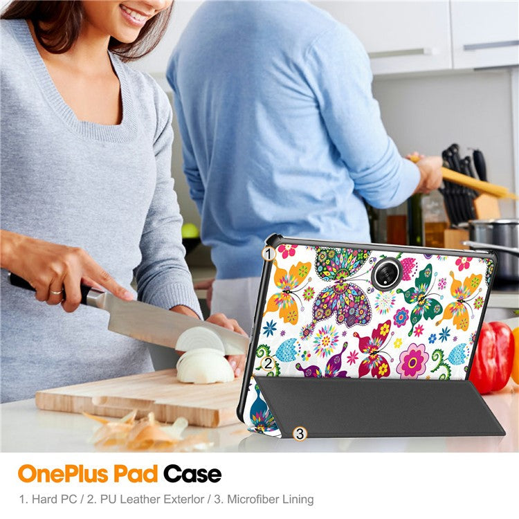Pattern Printing Tablet Case for OnePlus Pad PU Leather Tri-fold Stand Anti-drop Tablet Cover - Colorful Butterflies
