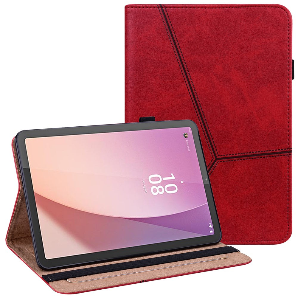 Flip Book Stand Cover for Lenovo Tab M9 , PU Leather Line Imprinted Tablet Case with Card Slots - Red