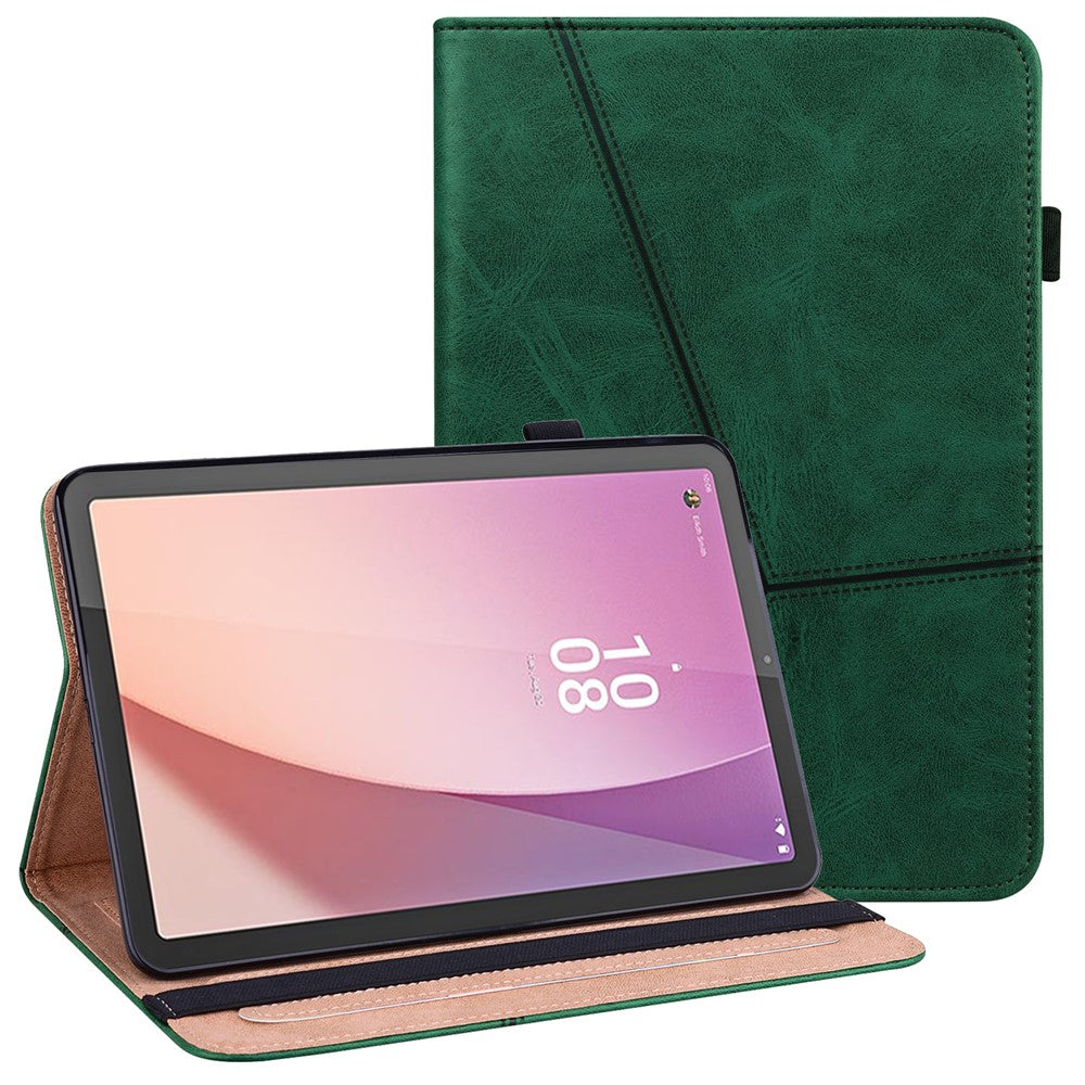 Flip Book Stand Cover for Lenovo Tab M9 , PU Leather Line Imprinted Tablet Case with Card Slots - Green