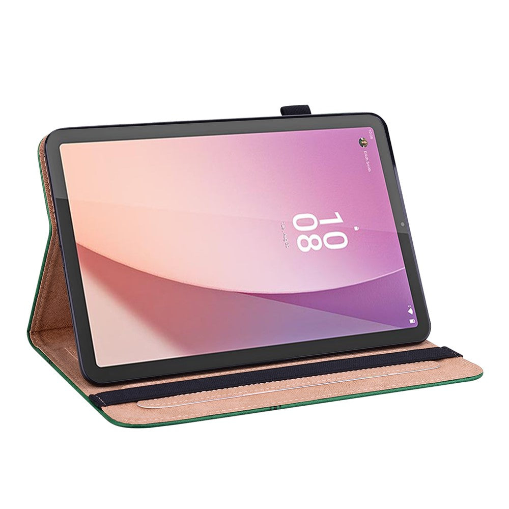 Flip Book Stand Cover for Lenovo Tab M9 , PU Leather Line Imprinted Tablet Case with Card Slots - Green