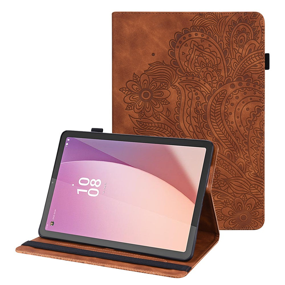 For Lenovo Tab M9 Flip PU Leather Cover Flower Imprinting Stand Card Holder Tablet Case - Brown