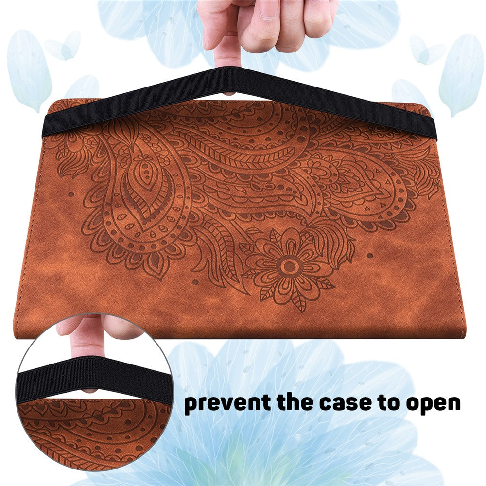 For Lenovo Tab M9 Flip PU Leather Cover Flower Imprinting Stand Card Holder Tablet Case - Brown
