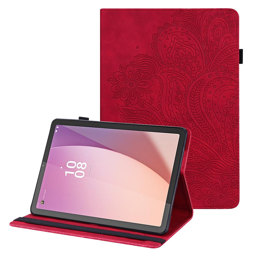 For Lenovo Tab M9 Flip PU Leather Cover Flower Imprinting Stand Card Holder Tablet Case - Red