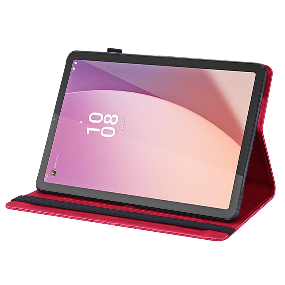 For Lenovo Tab M9 Flip PU Leather Cover Flower Imprinting Stand Card Holder Tablet Case - Red