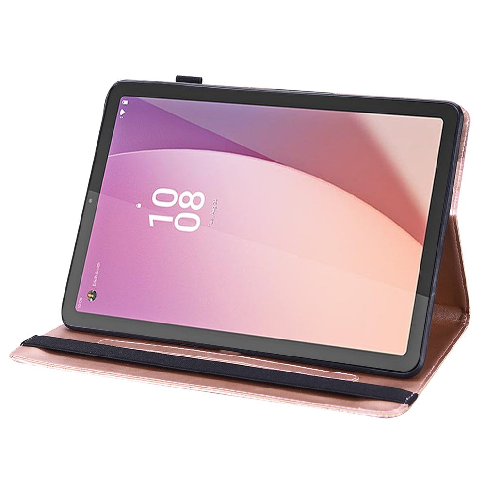 For Lenovo Tab M9 Flip PU Leather Cover Flower Imprinting Stand Card Holder Tablet Case - Rose Gold