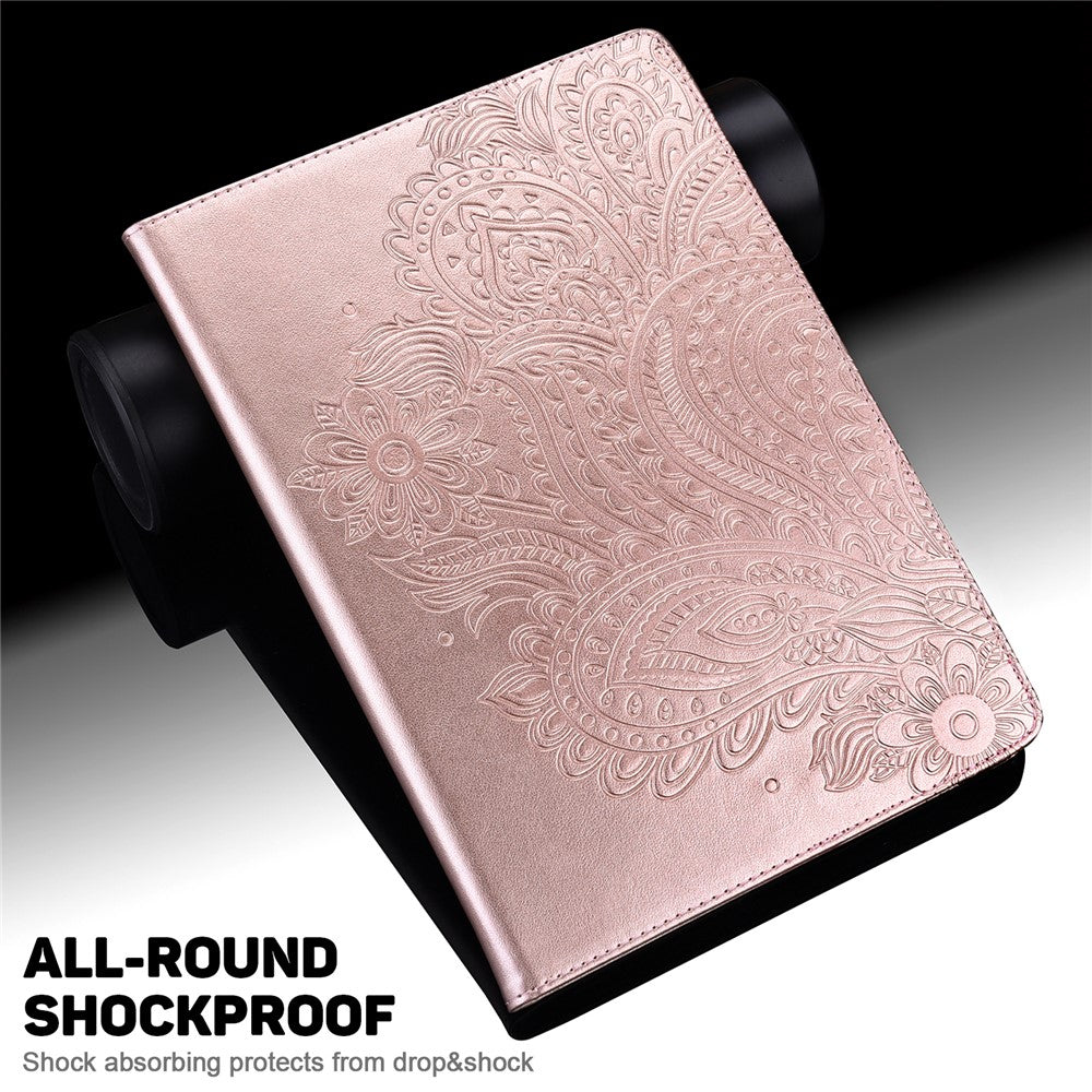 For Lenovo Tab M9 Flip PU Leather Cover Flower Imprinting Stand Card Holder Tablet Case - Rose Gold