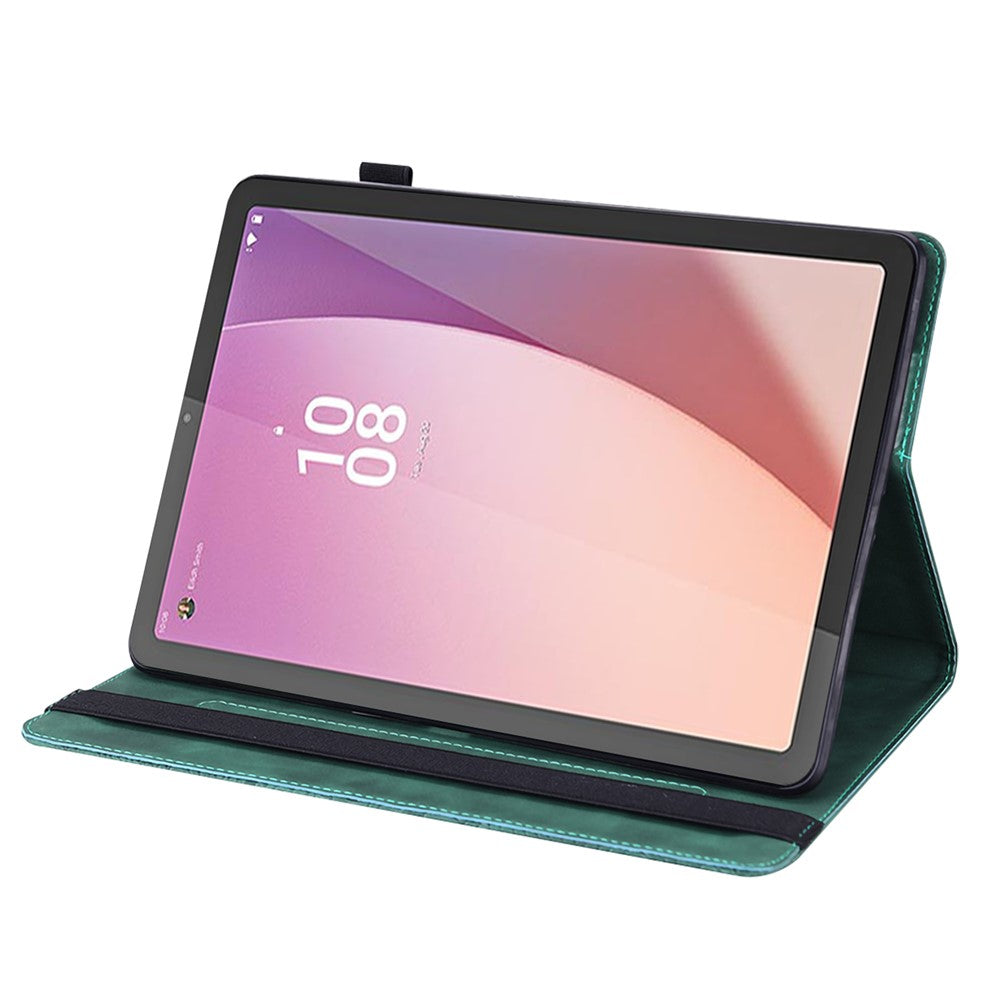 For Lenovo Tab M9 Flip PU Leather Cover Flower Imprinting Stand Card Holder Tablet Case - Green