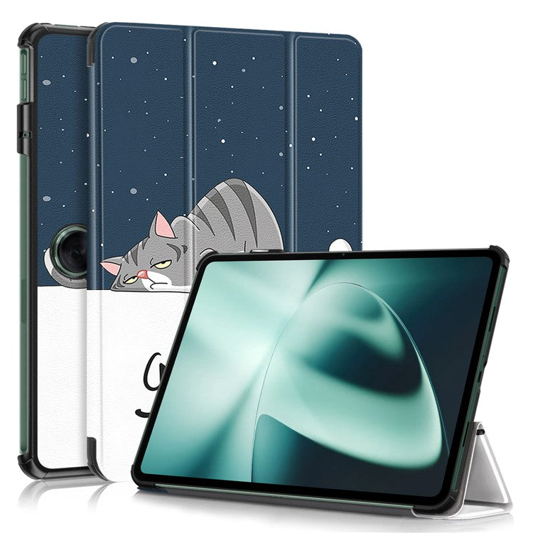 For OnePlus Pad / Oppo Pad 2 Tri-fold Stand Tablet Case Pattern Printing Tablet Leather Cover with Auto Wake / Sleep - Cat
