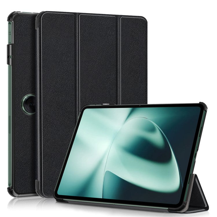 Leather Tablet Case for OnePlus Pad / Oppo Pad 2 Tri-fold Stand Tablet Cover with Auto Wake / Sleep - Black