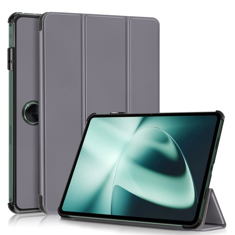 Leather Tablet Case for OnePlus Pad / Oppo Pad 2 Tri-fold Stand Tablet Cover with Auto Wake / Sleep - Grey