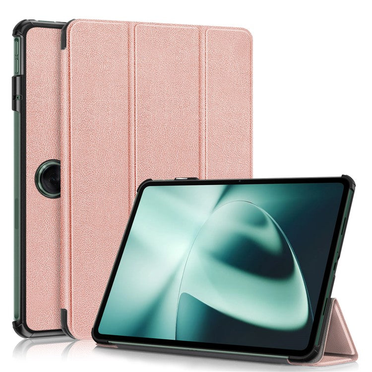 Leather Tablet Case for OnePlus Pad / Oppo Pad 2 Tri-fold Stand Tablet Cover with Auto Wake / Sleep - Rose Gold
