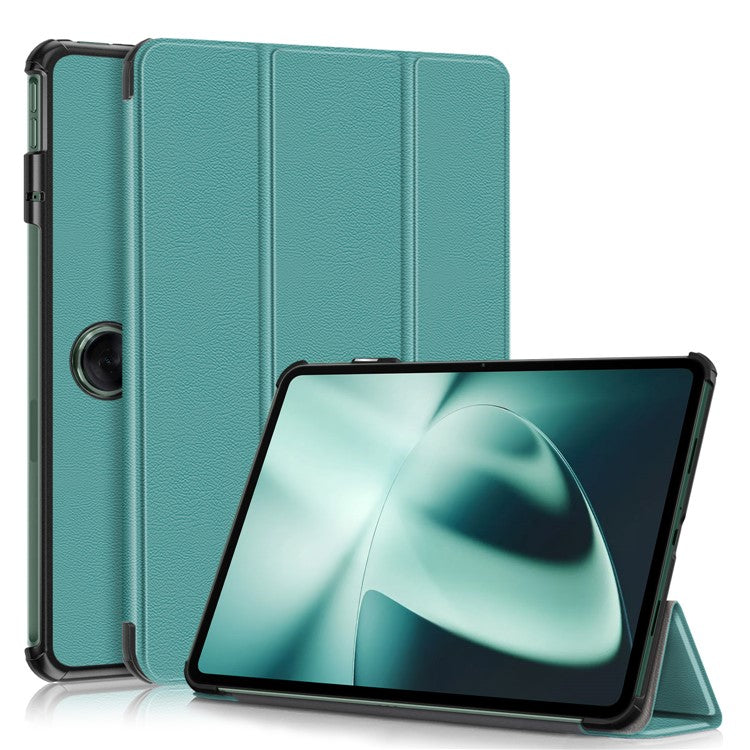 Leather Tablet Case for OnePlus Pad / Oppo Pad 2 Tri-fold Stand Tablet Cover with Auto Wake / Sleep - Blackish Green