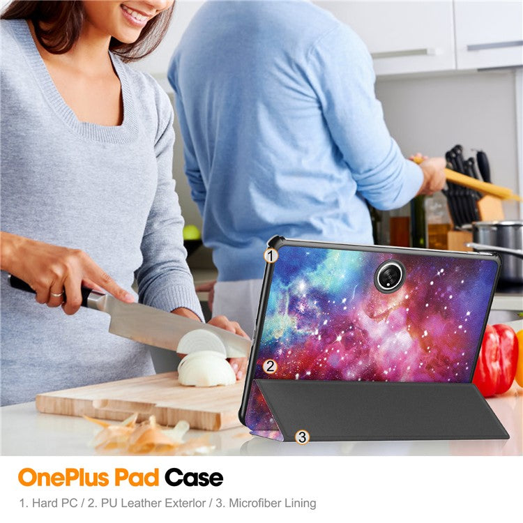 Trifold Stand Smart Case for Oppo Pad 2 , PU Leather Pattern Printing Folio Cover - Starry Sky