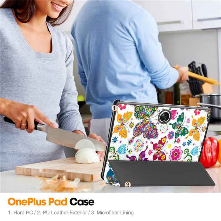 Trifold Stand Smart Case for Oppo Pad 2 , PU Leather Pattern Printing Folio Cover - Colorful Butterflies