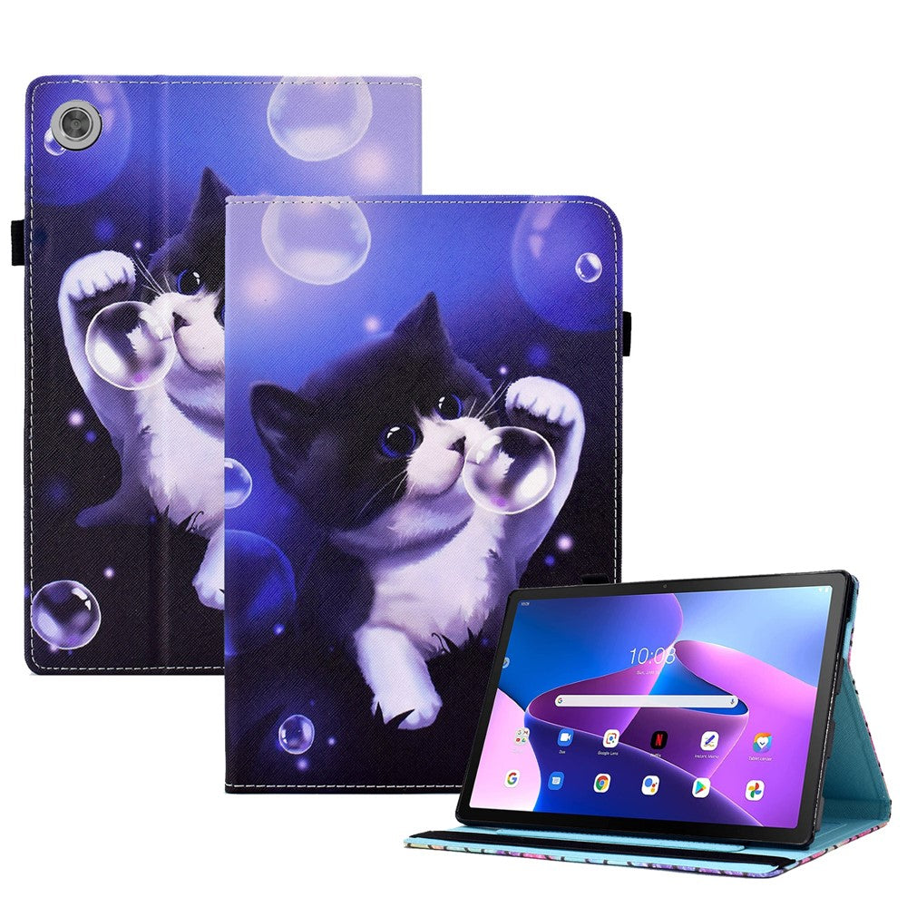 For Lenovo Tab M10 (Gen 3) PU Leather Tablet Case Pattern Printing Stand Card Holder Cover with Elastic Band - Bubble and Cat