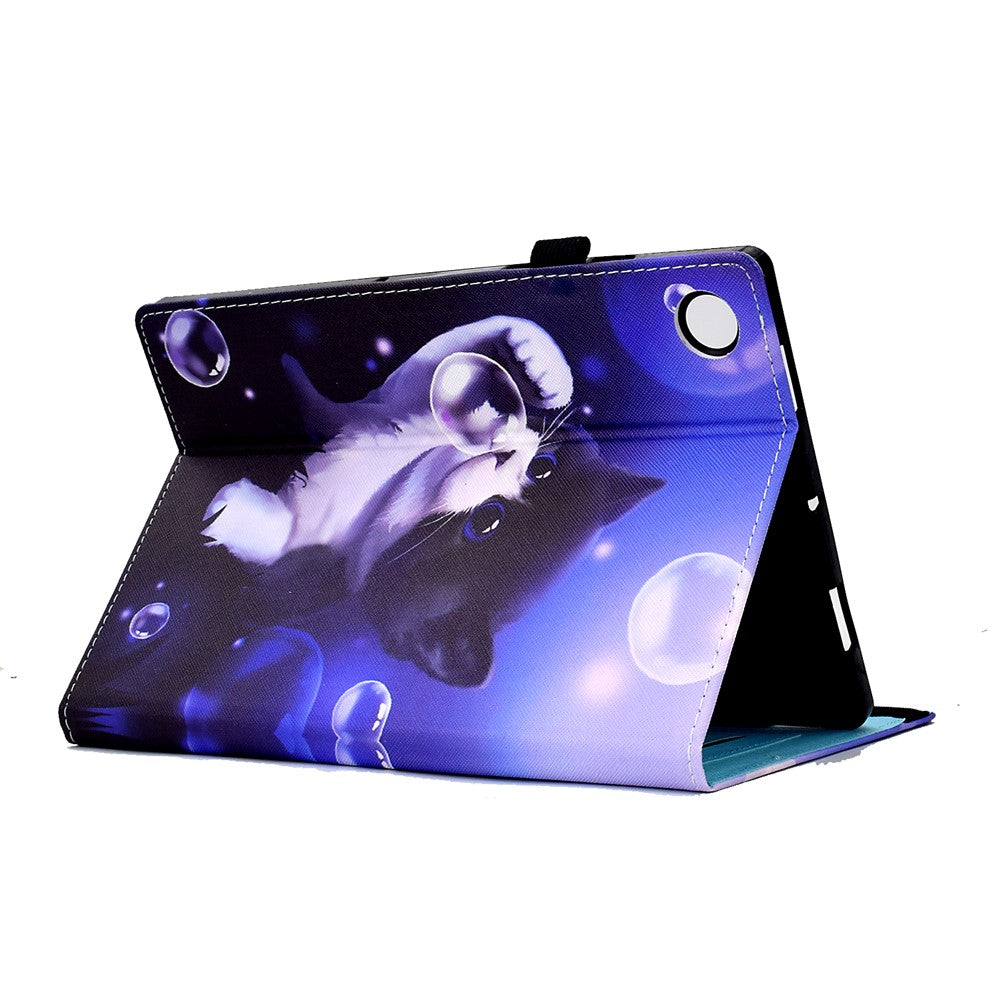 For Lenovo Tab M10 (Gen 3) PU Leather Tablet Case Pattern Printing Stand Card Holder Cover with Elastic Band - Bubble and Cat