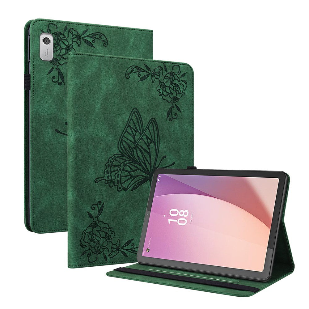 For Lenovo Tab M9 Imprinted Butterfly Flower PU Leather Card Holder Stand Tablet Case with Pen Loop - Green